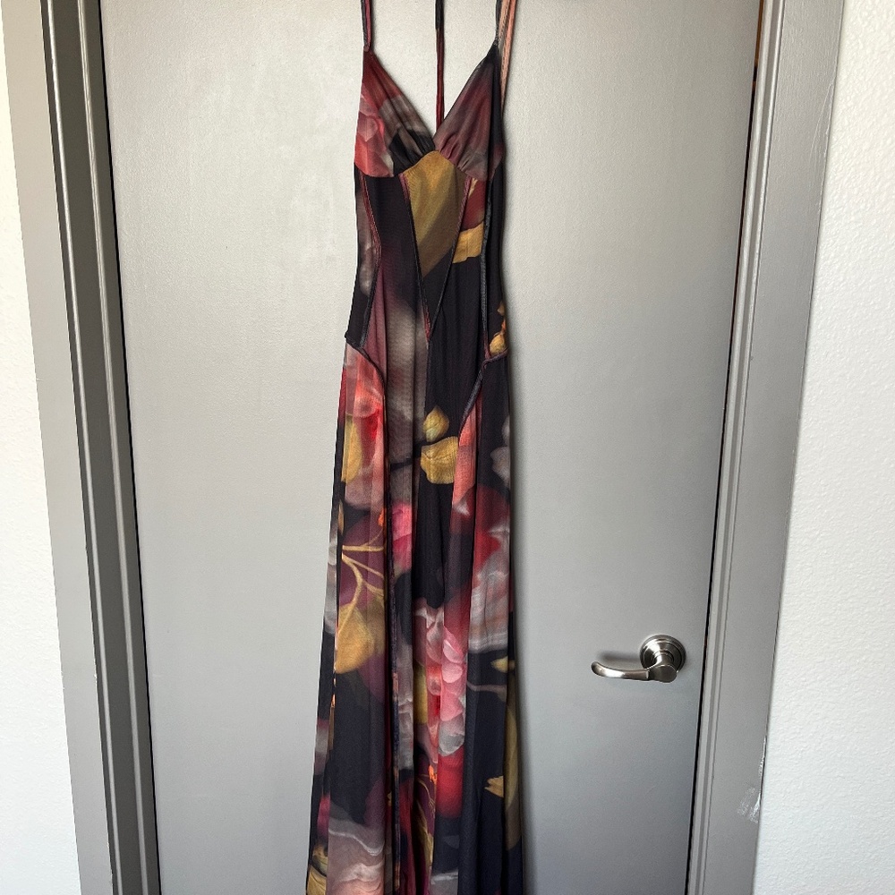(NWT) ASOS DESIGN printed mesh maxi dress with exposed seam detailing